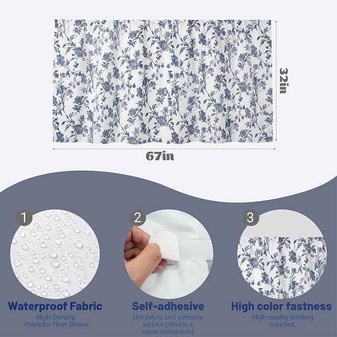 Blue Floral Sink Skirt for Bathroom, Self Stick Adhesive Waterproof Fabric, Cottagecore Under Sink Curtain Skirt, Pedestal Sink Accessories Decor