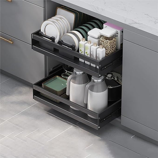Pull out Cabinet Organizer,Under Sink Organizer, Roll out Storage Shelf Storage for Pantry,Extendable Drawer For Kitchen Storage,No Need Drill and Nailing,for Kitchen, Living Room, Home.(Black,TWO-32*