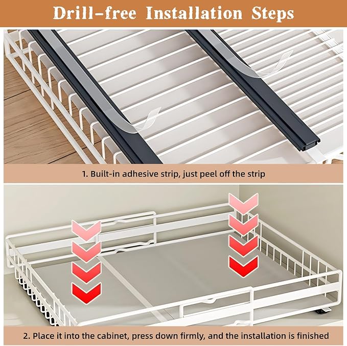2-Pack Pull Out Cabinet Organizer, Adjustable Expandable 3-Slide Rails Drawers, No Drill Adhesive Cupboard Storage Shelf for Kitchen, Pantry, Living Room, Bathr(Color:White 2 Pack (1 Large + 1 Small))