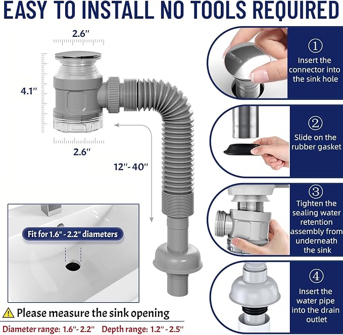 Bathroom Sink Drain Kit with Flexible Expandable Pipe: Odor-Free & Backflow-Preventing, Space-Saving Design without a P-trap, For 1-1/4'' & 1-1/2'' Drain Hole (Chrome, Without Overflow)