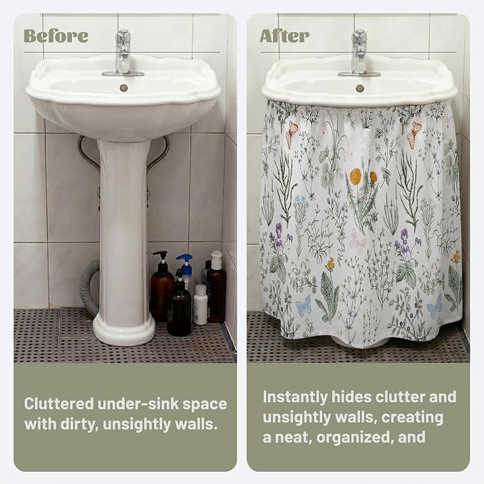 Pastoral Sink Skirt for Bathroom, Self Stick Adhesive Waterproof Fabric, Under Sink Curtain Skirt, Pedestal Sink Accessories Decor