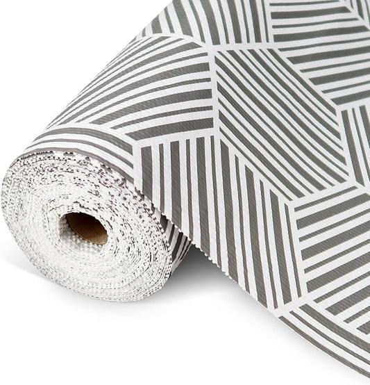 Shelf Liner Drawer Liner for Kitchen Cabinet Non-Adhesive Cabinet Liners Thickened Slip Resistant Waterproof Shelf Paper Protect Cupboard Dresser Shelves, Gray Hexagonal Geometric Stripe 11.8In x 10FT