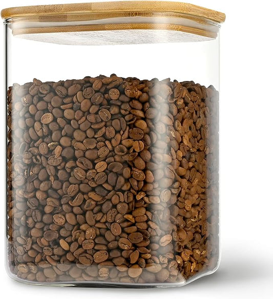 D2scrma 115oz Airtight Glass Square Storage Canister with Bamboo Lid Set of 1 (3400ml) Gallon Glass Jars Large Kitchen Canister for Sugar, Flour, Cookies and Coffee beans (‎with Black Lable)