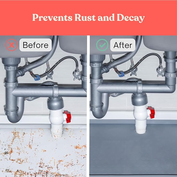 3 in 1 SET: Under Sink Mat with Cutout for Pipes - Cut to Size Under Sink Mat 34x22'' - Cut to Fit Sink Mats - Waterproof Under Kitchen Sink Mats and Protectors - Under Sink Silicone Mat