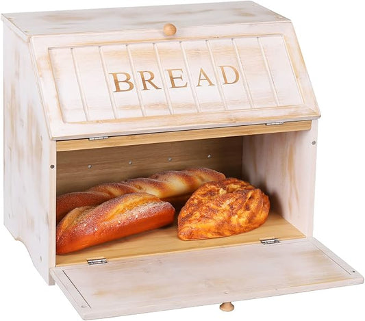 HOMEKOKO Vintage Double Layer Large Bread Box for Kitchen Counter, Retro Design Wooden Large Capacity Bread Storage Bin (White)