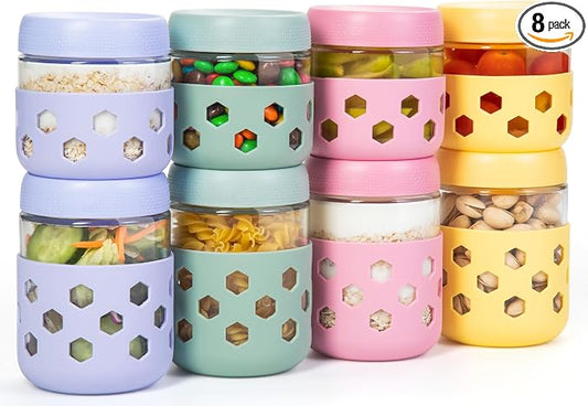 Gemice 8-Pack 16oz & 10oz Overnight Oats Containers with Lids & Silicone Sleeves, Glass Mason Jars with Airtight Lid, Wide Mouth Chia Seed Pudding Meal Prep Jar for Yogurt Berries Snack
