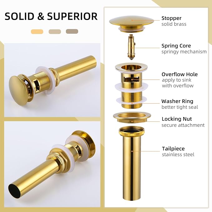 Angle Simple Bathroom Sink Drain Stopper Glossy Deep Titanium Gold Color, Brass Pop Up Sink Stopper with Overflow Hole for Sink with 1.61 to 2 Inches Drain Hole