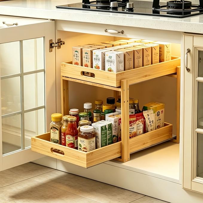 Under Sink Organizer and Storage - 2-Tier Bamboo Kitchen Cabinet Shelf with Adjustable Levels, Undersink Organization Slide Out for Bathroom Cabinet Pantry(Natural, 2 Packs)