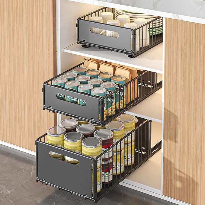 Pull Out Drawers for Cabinets, 2 Pack Slide Out Drawers for Kitchen Cabinets, No Drill Pull Out Cabinet Organizer Fixed with Adhesive, Heavy Duty Pull Out Shelves for Bathroom