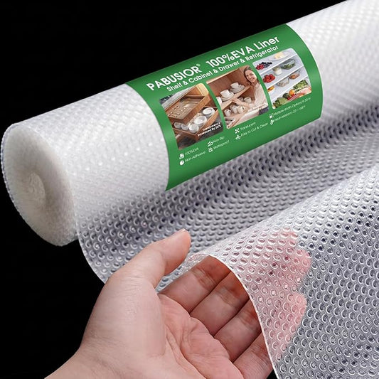 PABUSIOR Cabinet Drawer Liners for Shelves: 100% EVA Non Slip Clear Kitchen Cupboard Mats 14" x 120" - Non-Adhesive Waterproof Refrigerator Shelf Liner for Pantry Shelves Bathroom Ideal for Woman
