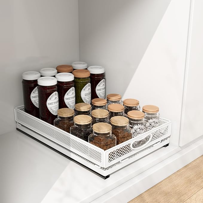Pull out Cabinet Rack Organizers, No-Drill Slide Organizer Under Sink Organizer, Strong & Sturdy Expandable Cabinet Drawers, For Kitchen, Bathroom, Pantry(I,17.7*13.8*3.3inch/45*35*8.5cm)