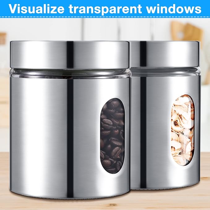 Mimorou 3 Pcs Stainless Steel Canister Set with Glass Windows Visible Storage Jars Silver Kitchen Canister Set for Pasta Flour Oat Sugar Container, Kitchen Tools, Housewarming Gifts (20 oz)
