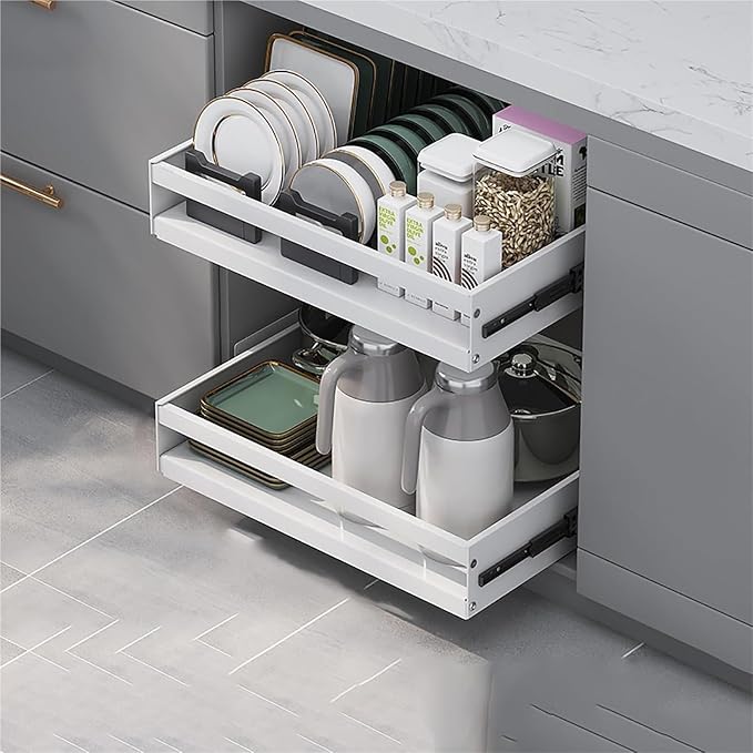 Pull out Cabinet Organizer,Under Sink Organizer, Roll out Storage Shelf Storage for Pantry,Extendable Drawer For Kitchen Storage,No Need Drill and Nailing,for Kitchen, Living Room, Home.(White,TWO-32*