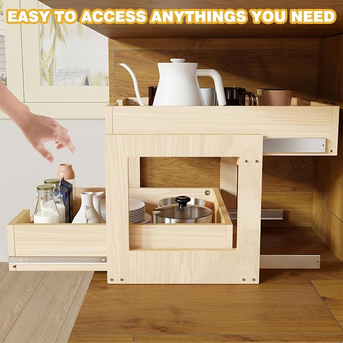 Pull Out Cabinet Organizer, 20''W×21''D×16''H Soft Close Slide Out Wooden Pull out Drawers, Double Tier Slide out Wood Cabinet Organizer, for Base Cabinet Organization in Kitchen, Pantry, Bathroom