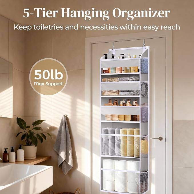 5 Tiers Over Door Organizer with 10 Mesh Side Pockets, 44 lbs Weight Capacity Hanging Storage Organizer with Clear Window Kids Toys, Shoes, Diapers, Light Gray