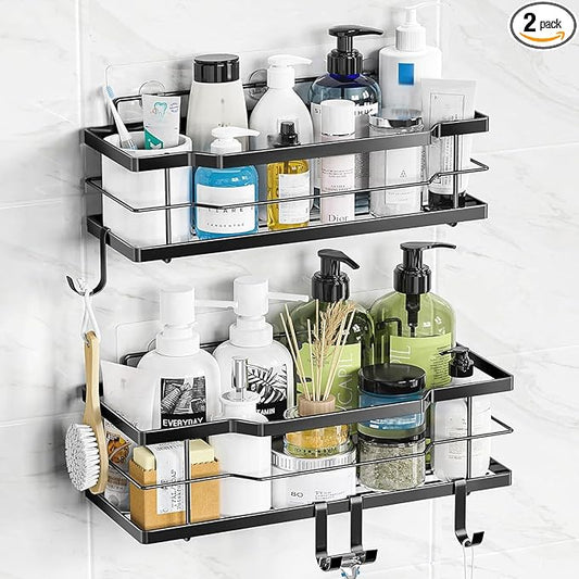 Moforoco Shower Caddy Shelf Organizer Rack, Self Adhesive Black Bathroom Shelves Basket, Home Farmhouse Wall Inside Organization and Storage Decor Rv Accessories, First Camper Apartment Essentials