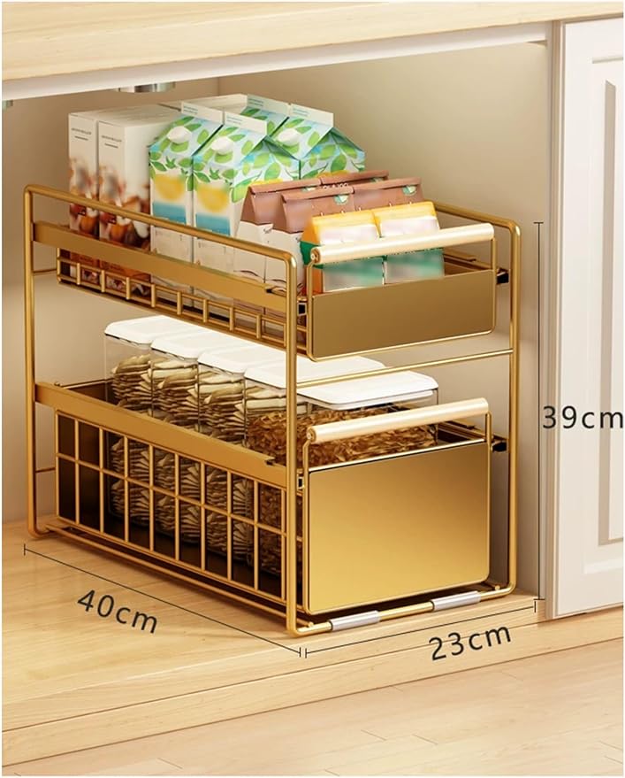Pull Out Shelf Kitchen Storage Drawer- Slide Out Drawers for Kitchen Cabinets No Drill Shelves(Gold,40x23x39 cm)