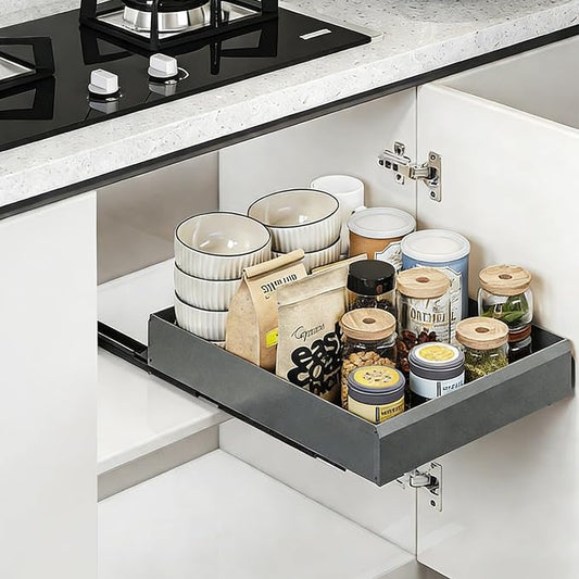 Pull Out Cabinet Organizer, Slide Out Drawers for Kitchen Cabinets, Heavy Duty Cabinet Pull Out Shelves with Adhesive Mount, No-Drill Space Aluminum Rolling Tray for Pantry, Bathroom & Base Cabinets