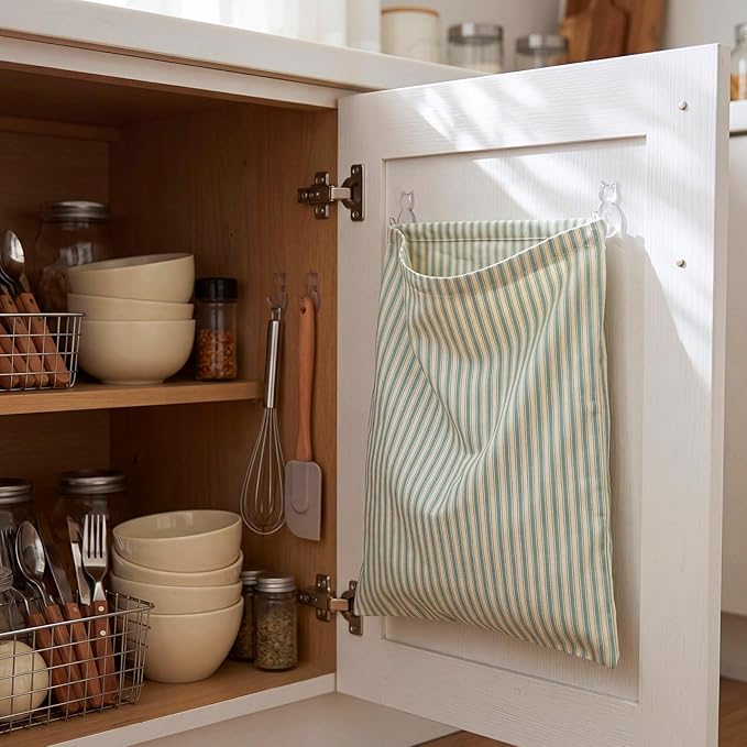 Reusable Dirty Rag Storage Bag Linen Dish Towel Cloth Bag Dish Rag Holder Natural Cotton Vintage for Under Sink Cabinet Door Organizer Laundry Bathroom Storage(Green and White,Classic)