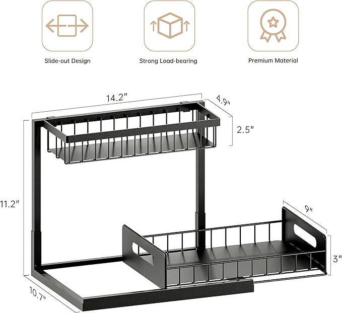 Under Sink Organizer and Storage 2 Pack, Slide Out Cabinet Organizer, Pull Out Sink Shelf for Kitchen Bathroom Laundry, Black