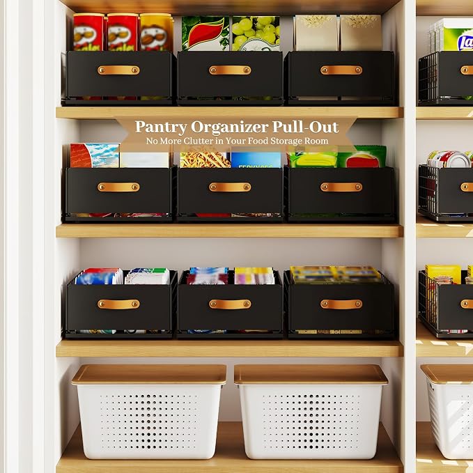 Pull Out Cabinet Organizer, No-Drill Pantry Drawers, Slide Out Shelves with Bamboo Risers for Lipped Cabinets,Ideal for Kitchen, Bathroom & Under Sink Storage (Black, 11.8" Wide-15.7" Deep)