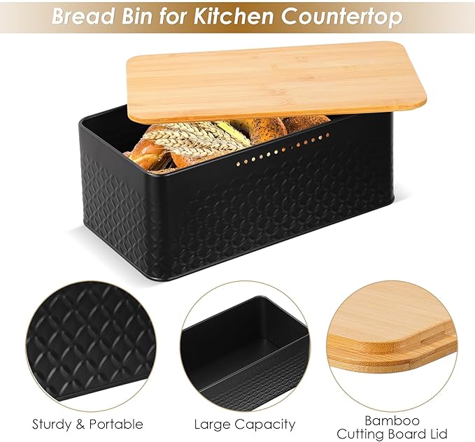Hossejoy Metal Bread Box with Bamboo Cutting Board Lid, Bread Storage Container for Kitchen Countertop, Modern Bread Bin Holder Breadbox, Kitchen Decor Organizer (Black)