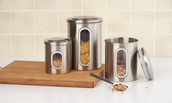 Fox Run Stainless Steel Canister Set For Kitchen Counter, 3-Piece Set for Sugar, Flour, Coffee and More