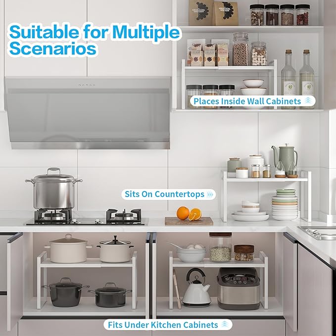 Expandable Cabinet Shelf Organizer, 2 Pack Stackable Metal Storage Rack, Adjustable Width & Height Countertop Spice Rack, Heavy Duty Pantry Cupboard Under Sink Organizer for Kitchen Office