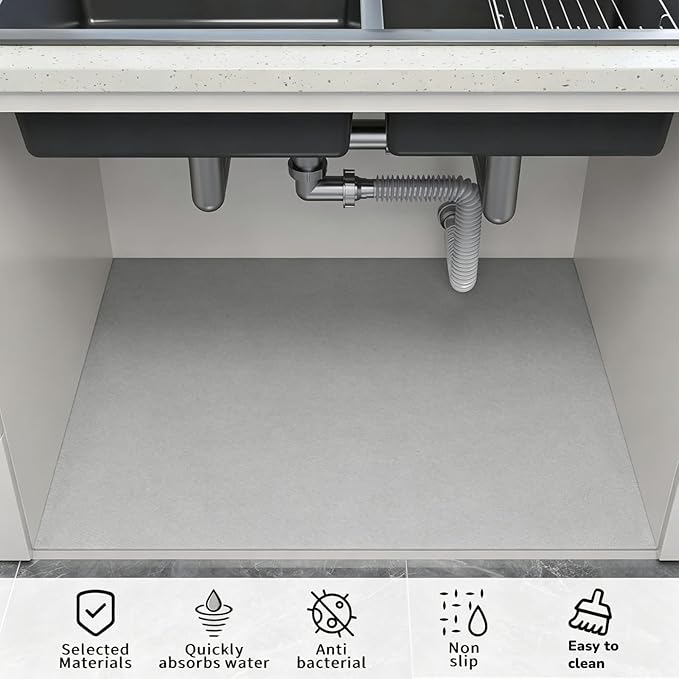 Under Sink Mats-35" x 24" (Cut-to-Fit) Absorbent Shelf Liner for Kitchen&Bathroom Cabinets | Non-Slip, Quick-Dry Cabinet Liner for Under Sink, Vanity & Utility Storage (Light Grey,35''x24'')