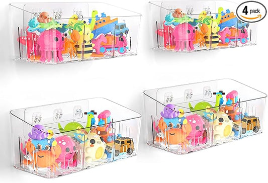 Lysam Bath Toy Storage 4 Packs, Large Bath Toy Holder with 3 Compartment, Quick Dry Bathtub Toy Organizer, Bath Tub Toy Net, Shower Toy Basket & Bin, Bathroom Accessories for Baby,Toddler,Kids（Clear）