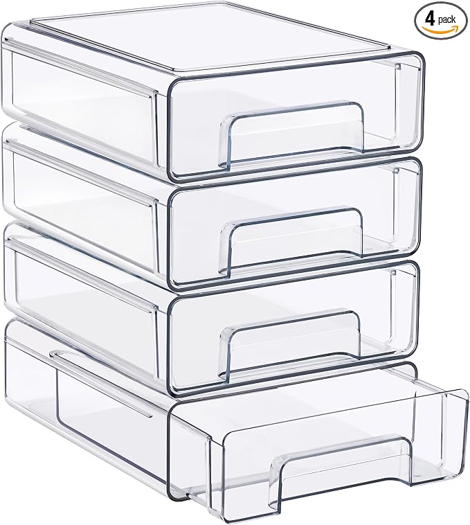 Sorbus Medium Clear Stackable Storage Drawers 4-Pack Plastic Organizer Bins with Handles Pull-Out Drawers for Bathroom Closet, Medicine, Cabinet, Pantry Storage, Baby Bottle Organizer