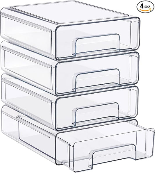 Sorbus Medium Clear Stackable Storage Drawers 4-Pack Plastic Organizer Bins with Handles Pull-Out Drawers for Bathroom Closet, Medicine, Cabinet, Pantry Storage, Baby Bottle Organizer