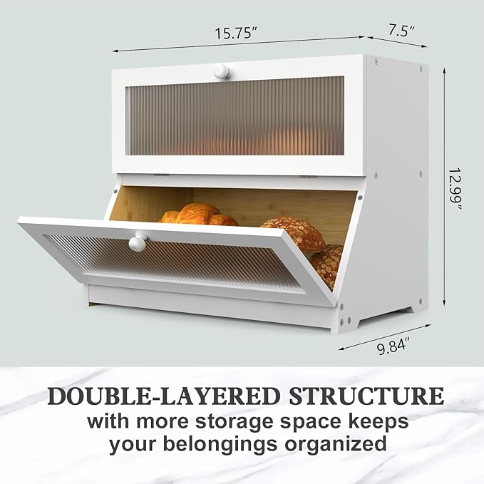 LOHASOK Bamboo Bread Box for Kitchen Countertop, Double Layer Large Bread Storage Container for Homemade Bread with Window & Lid, Bread Keeper Holder, White