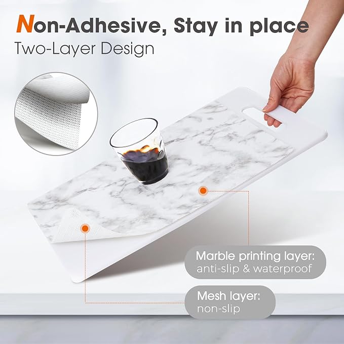 Drawer and Shelf Liner, Non-Slip Kitchen Cabinet Liners Non-Adhesive Thick Strong Grip Waterproof Washable Mats Protect Dresser Shelves Cupboard Bathroom Cabinets, White Marble, 18 in X 10 FT