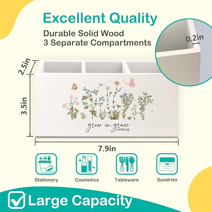 Floral Christian Wooden Pen Pencil Holder for Desk Accessories, Christian Gifts for Women, Grow in Grace Bible Verse Wildflowers Wood Makeup Brush Toothbrush Holder Organizer for Vanity Bathroom