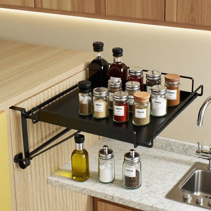 Foldable Cabinet Door Organizer & Countertop Shelf,No Drill Shelf,for Cabinet Pantry Cupboard,Rust-Resistant Design,Easy Installation Easter Gift (Black)