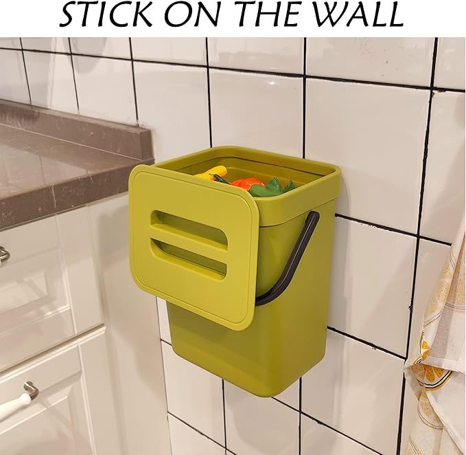 stonespace Small Cabinet Door Trash Can with Lid, 1.3Gal, Green | Compost Bin Indoor Kitchen Sealed, Under Sink Garbage Can, Plastic hanging trash can