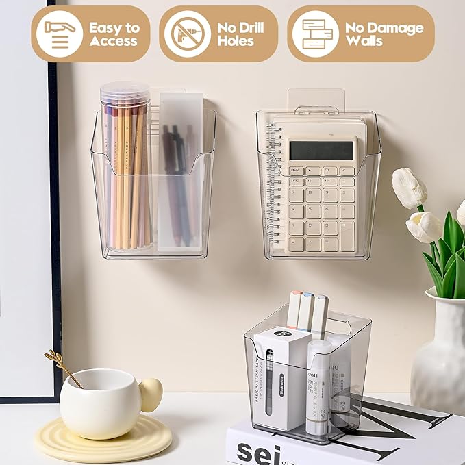8-Pack Adhesive Cabinet Door Organizer Bathroom, Hanging Storage Bins, Stick on Wall Storage Container, Floating Bins Wall Mounted Organizer Under Sink Caddy for Kitchen Pantry Storage, Office, Dorm