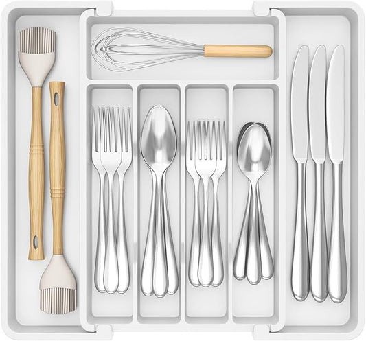 Lifewit Silverware Drawer Organizer, Expandable Utensil Tray for Kitchen, BPA Free Flatware and Cutlery Holder, Adjustable Plastic Storage for Spoons Forks Knives, 8.5-14 x 12", White