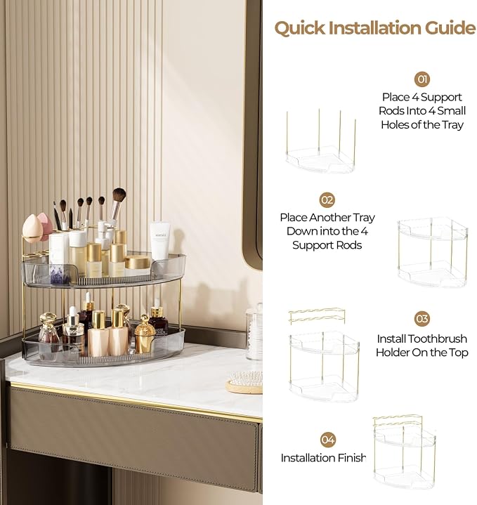 FELIZHOUSE 2-Tier Makeup Organizer for Vanity & Bathroom Countertop – Acrylic Storage Shelf with Perfume Tray & Makeup Brush Holder, Tool-Free Installation, Design for Bathroom & Dresser - Grey