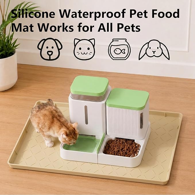 MateeyLife Silicone Mat Waterproof 12"X19", Ideal for Dog and Cat Food Mat, Dog Bowl Mats for Food and Water, Pet Placemat with Lip for Messy Drinkers to Protect Floor, Khaki