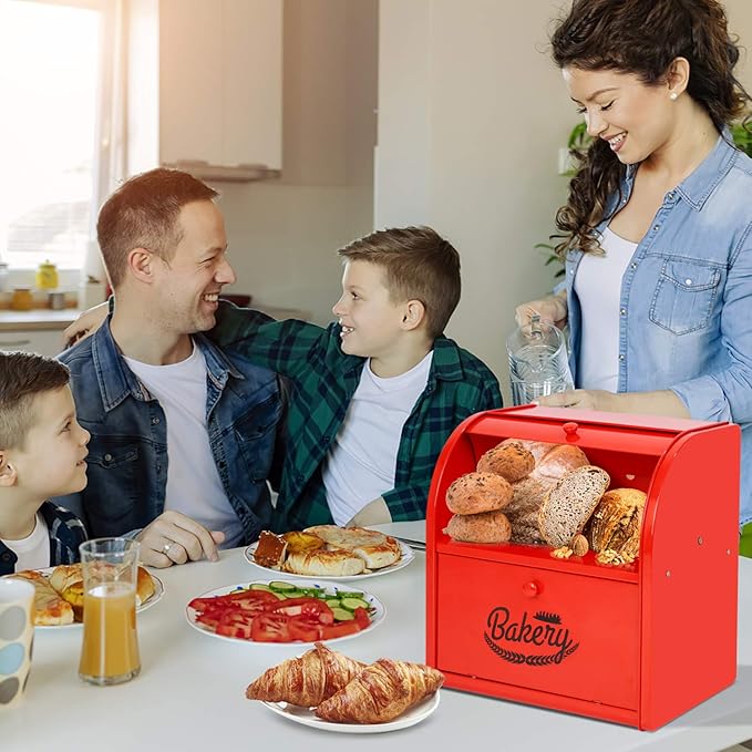 Widousy 2 Layer Metal Bread Boxes, Bread Box Storage Bin Kitchen Container with Roll Top Lid Iron Countertop Containers Metal Food Storage Bread Keeper Large Capacity Home Kitchen Counter（Red）