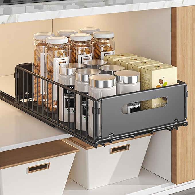 2Pcs Pull Out Cabinet Organizer, Pull out drawers for cabinets with EVA Adhesive Tape, Heavy Duty Sliding Kitchen Organizers and Storage, Suitable for Pantry, Bathroom, Bedroom BlackL