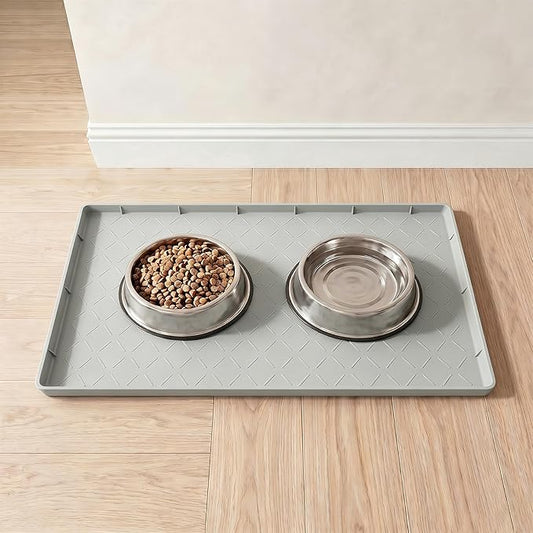 MateeyLife Silicone Mat Waterproof 12"X19", Ideal for Dog and Cat Food Mat, Dog Bowl Mats for Food and Water, Pet Placemat with Lip for Messy Drinkers to Protect Floor, Light Grey