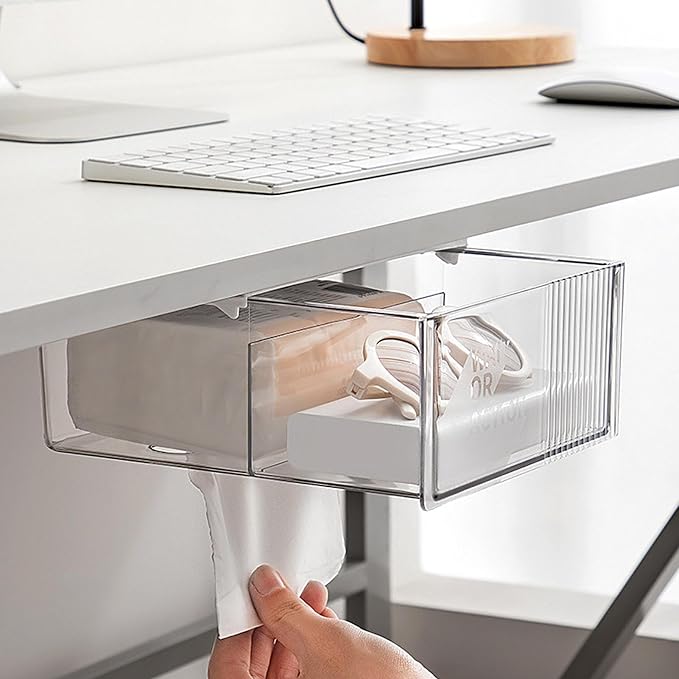 Under Desk Drawer - Space Saving No Drill,Pull-Out Under Desk Drawer Tray | for Office Hotel Living Room Study Vanity Tissues Pen Scissors
