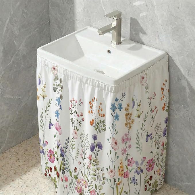Wildflowers Sink Skirt for Bathroom, Self Stick Adhesive Waterproof Fabric, Under Sink Curtain Skirt, Pedestal Sink Accessories Decor