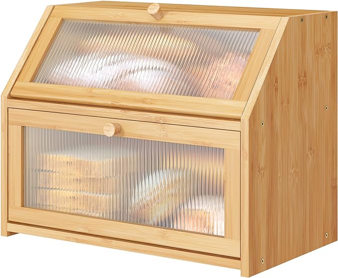 Bread Box for Kitchen Counter, Large Bamboo Wood Double Layer Bread Box, Wooden Bread Storage Capacity