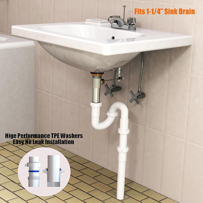 Bathroom Sink Drain Kit,for Most 1-1/4” Bathroom & Kitchen Sink Drain Repair,1-1/4” P Trap or S Trap Sink Plumbing Kit,Sink Pipe Replacement Parts