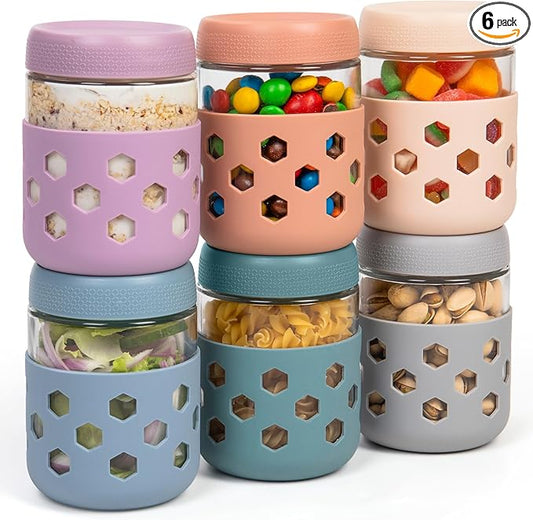Gemice 6-Pack 16oz Glass Mason Jars with Silicone Sleeves, Airtight BPA-Free Overnight Oats Containers with Lids, Dishwasher Safe Leak-Proof Meal Prep Jars for Chia Pudding, Yogurt, Snacks