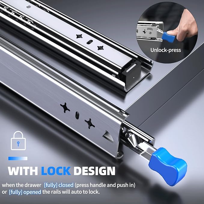 SLIDEWAY 260 Lbs Heavy Duty Locking Drawer Slides 1 Pair 12 14 16 18 20 24 26 30 32 40 Inch Full Extension Ball Bearing Sliding Rails Cabinet Runners Tracks RV Glides (53mm Wide with Lock)-30"